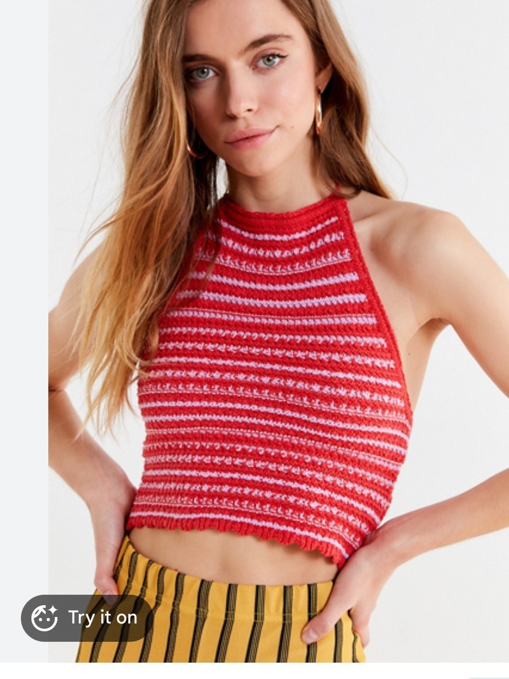 Urban Outfitters Crochet Halter Crop Top Coral Pink Striped Size Large - Picture 4 of 9